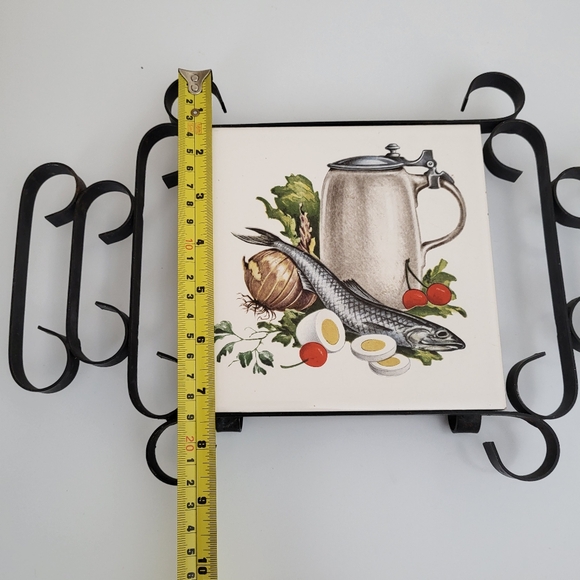 Vintage Wrought Iron and Ceramic Tile Trivet Fish and Eggs - Picture 8 of 16